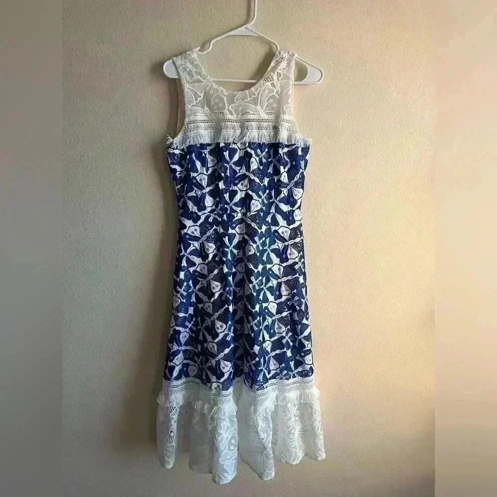 Badgley Mischka Belle Eislyn Butterfly Embroidered Midi Dress Blue 8 cottagecore